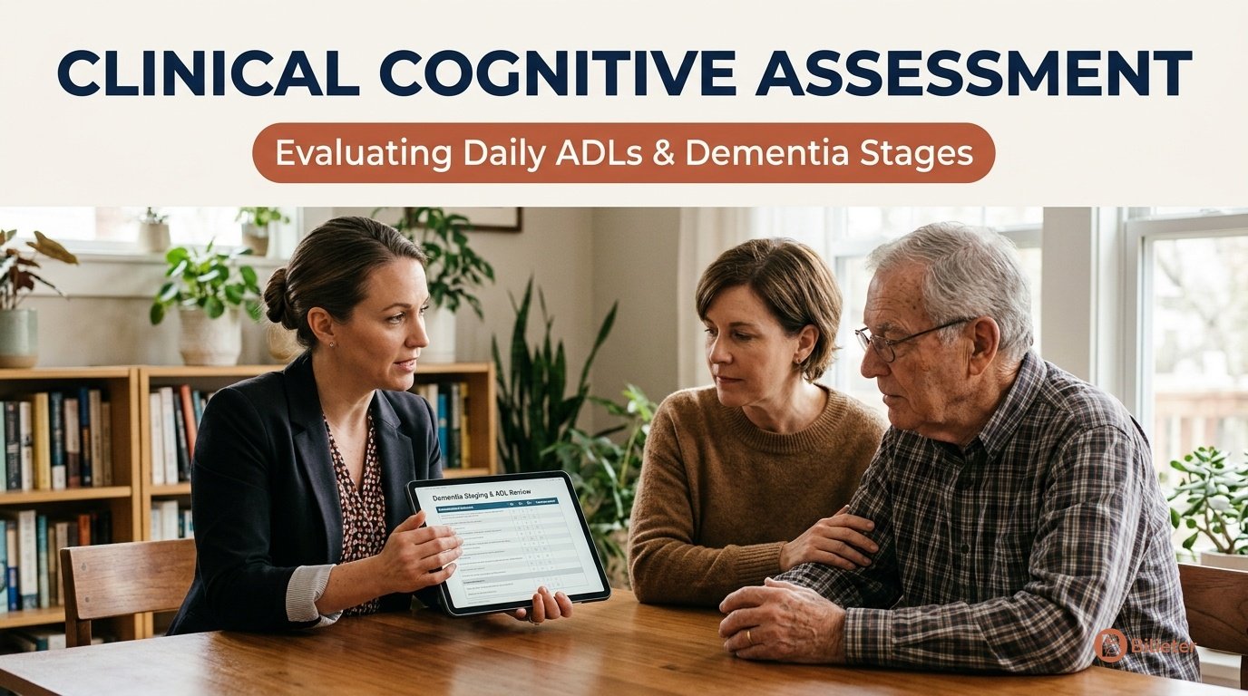 Senior care consultant reviewing an individual dementia staging tablet checklist with adult daughter and elderly father.