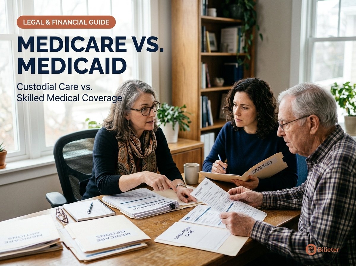 Medicare vs Medicaid eldercare funding consultation showing elder law attorney reviewing paperwork with family.