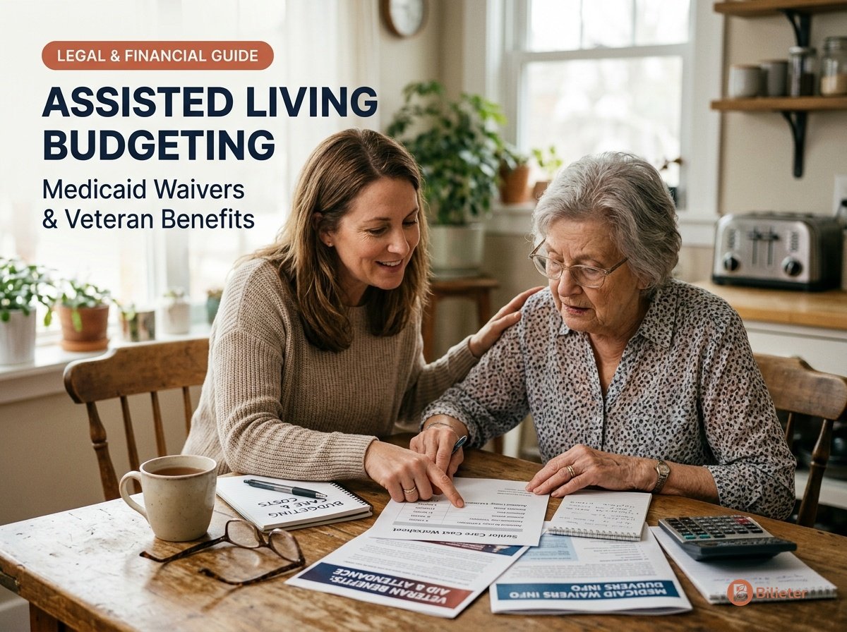 Assisted living budgeting and Medicaid waivers review showing adult daughter and senior mother reviewing expense worksheets.
