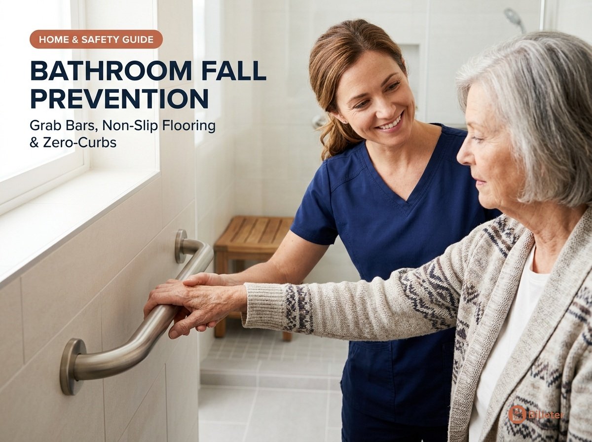 Bathroom fall prevention and grab bar installation showing occupational therapist demonstrating brushed nickel grab bar to elderly mother.