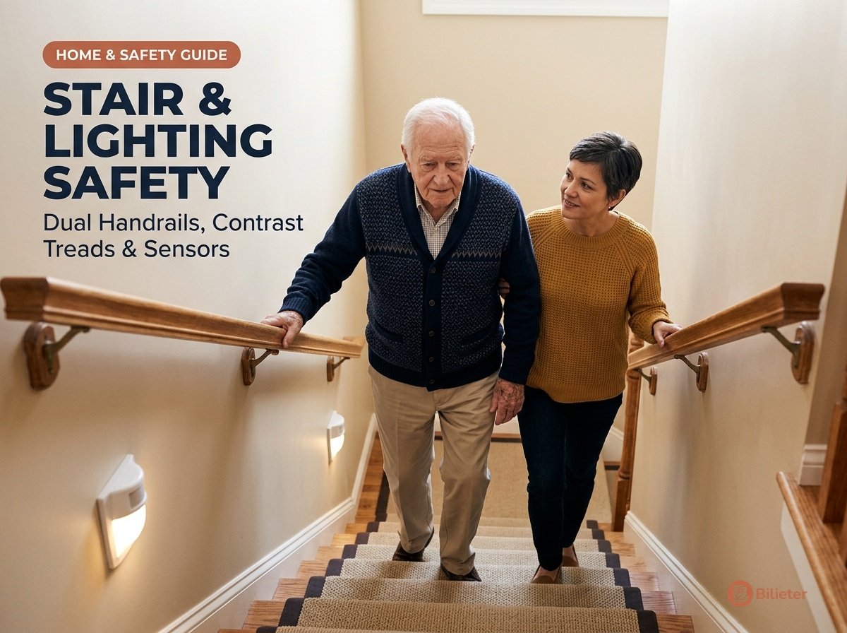 Staircase safety and motion sensor lighting showing adult daughter assisting senior father descending stairs with dual handrails.