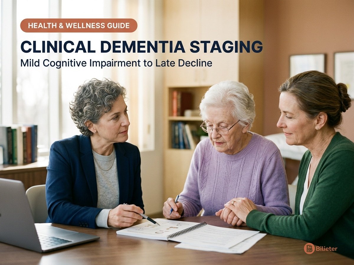 Clinical dementia staging and memory assessment showing geriatric specialist conducting cognitive evaluation with senior mother and daughter.