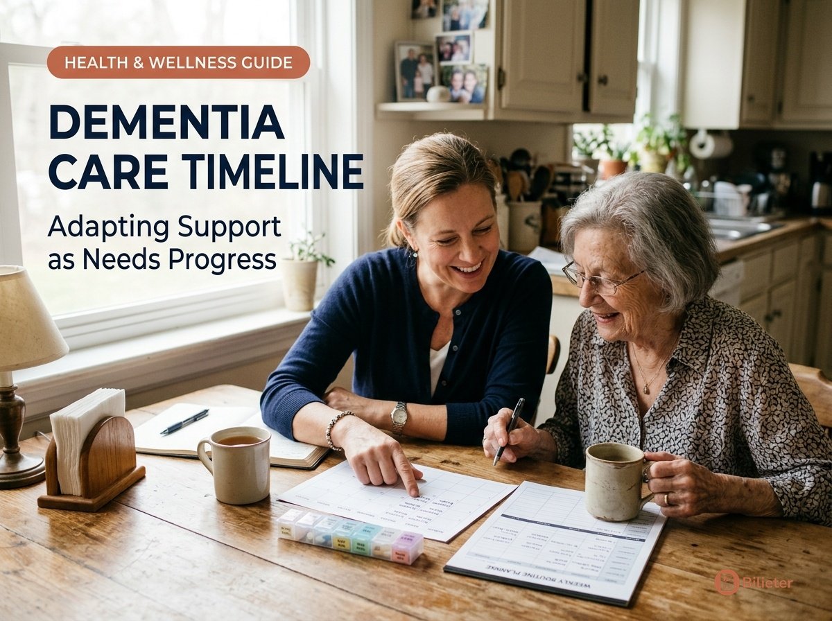 Dementia care timeline and daily routine planning showing adult daughter and elderly mother organizing structured daily schedule.
