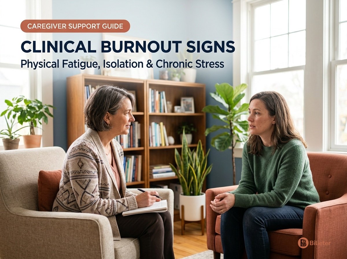 Clinical caregiver burnout signs and counseling showing female licensed social worker having supportive conversation with adult daughter.