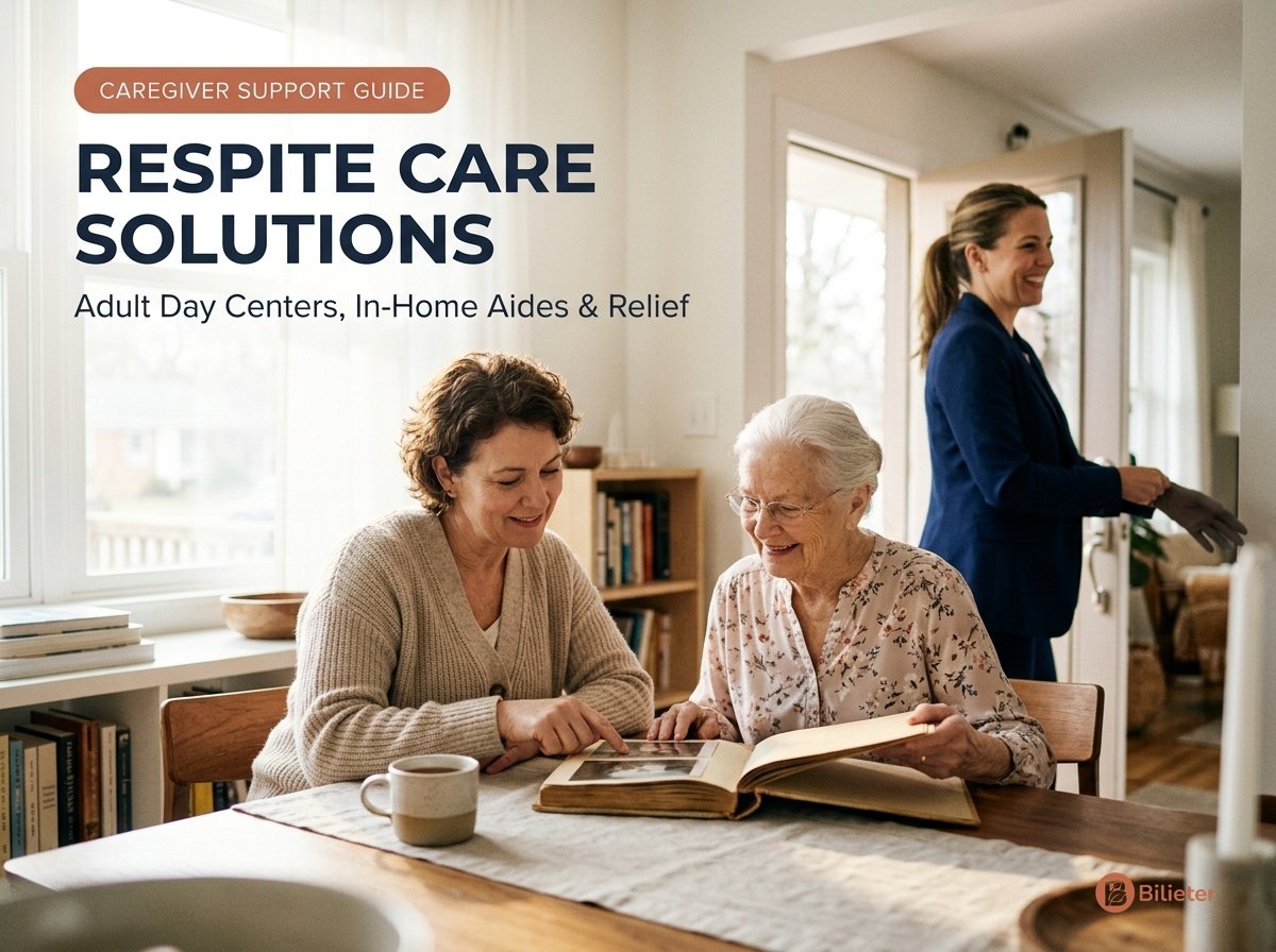 Respite care solutions and relief for families showing respite aide reviewing photo album with senior mother while daughter steps out.