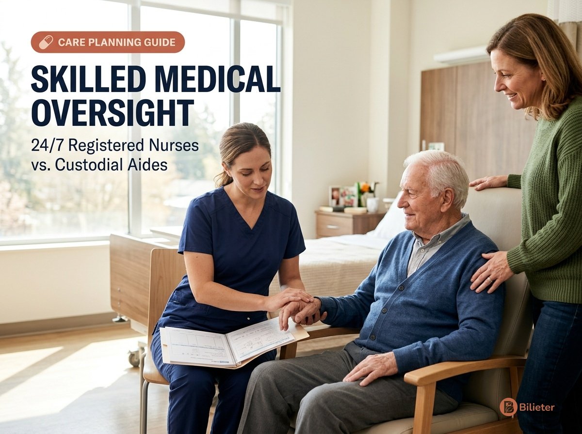 Skilled medical oversight and rehabilitation in senior care showing registered nurse checking blood pressure with elderly resident.