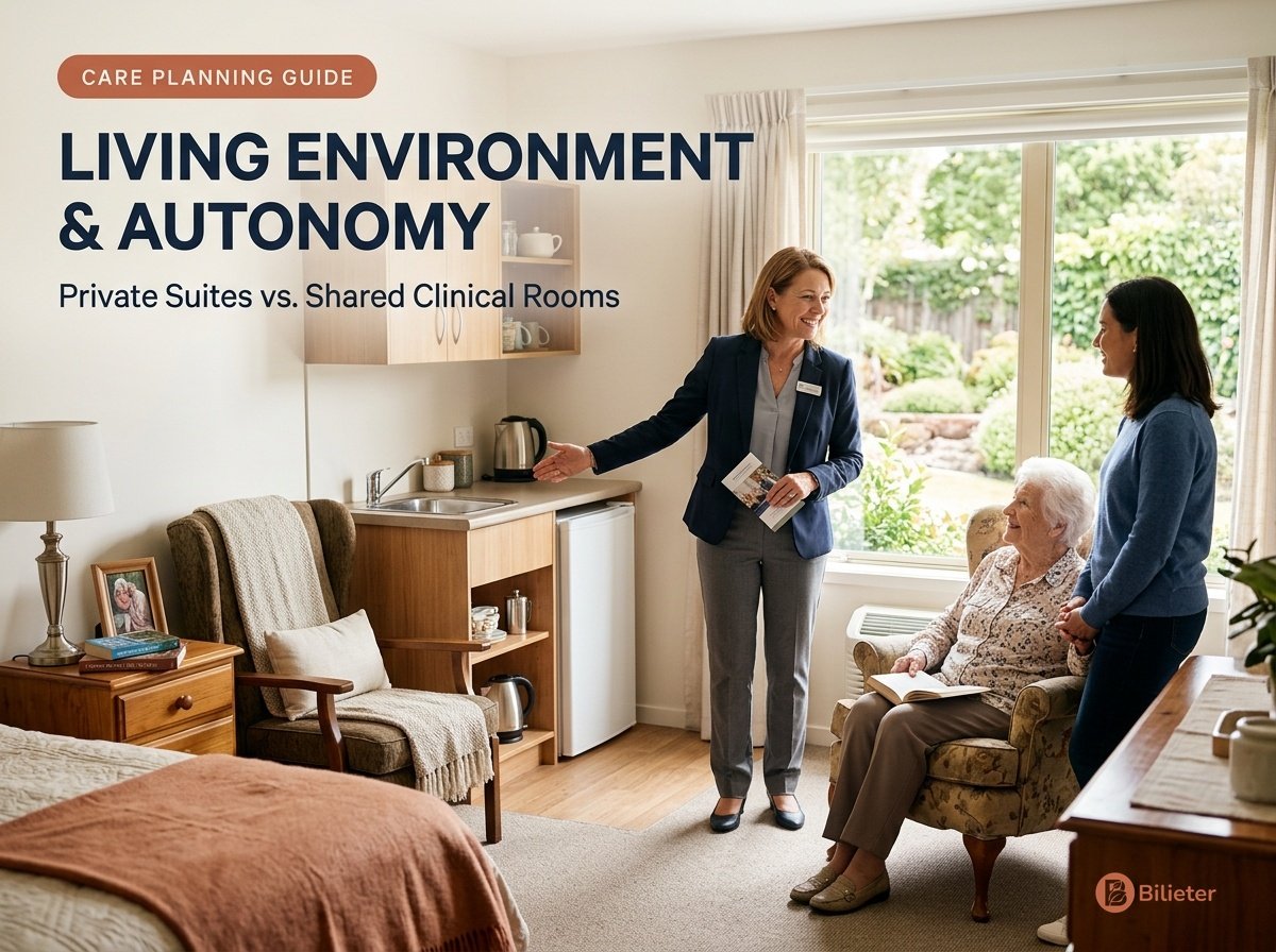 Assisted living apartment tour and residential autonomy showing eldercare advisor showing sunlit studio apartment to mother and daughter.