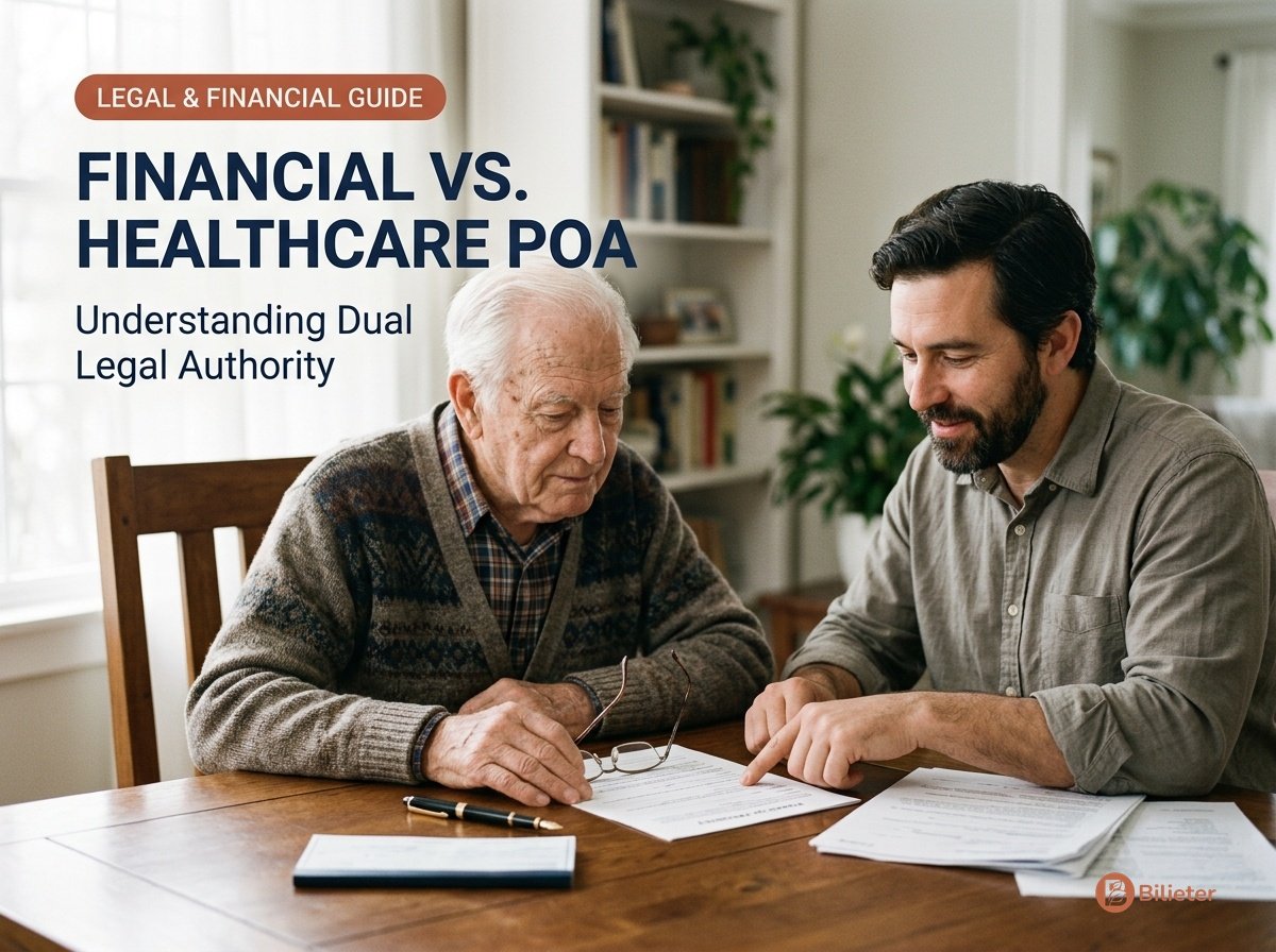 Financial vs healthcare power of attorney showing elderly father reviewing accounts with adult son.