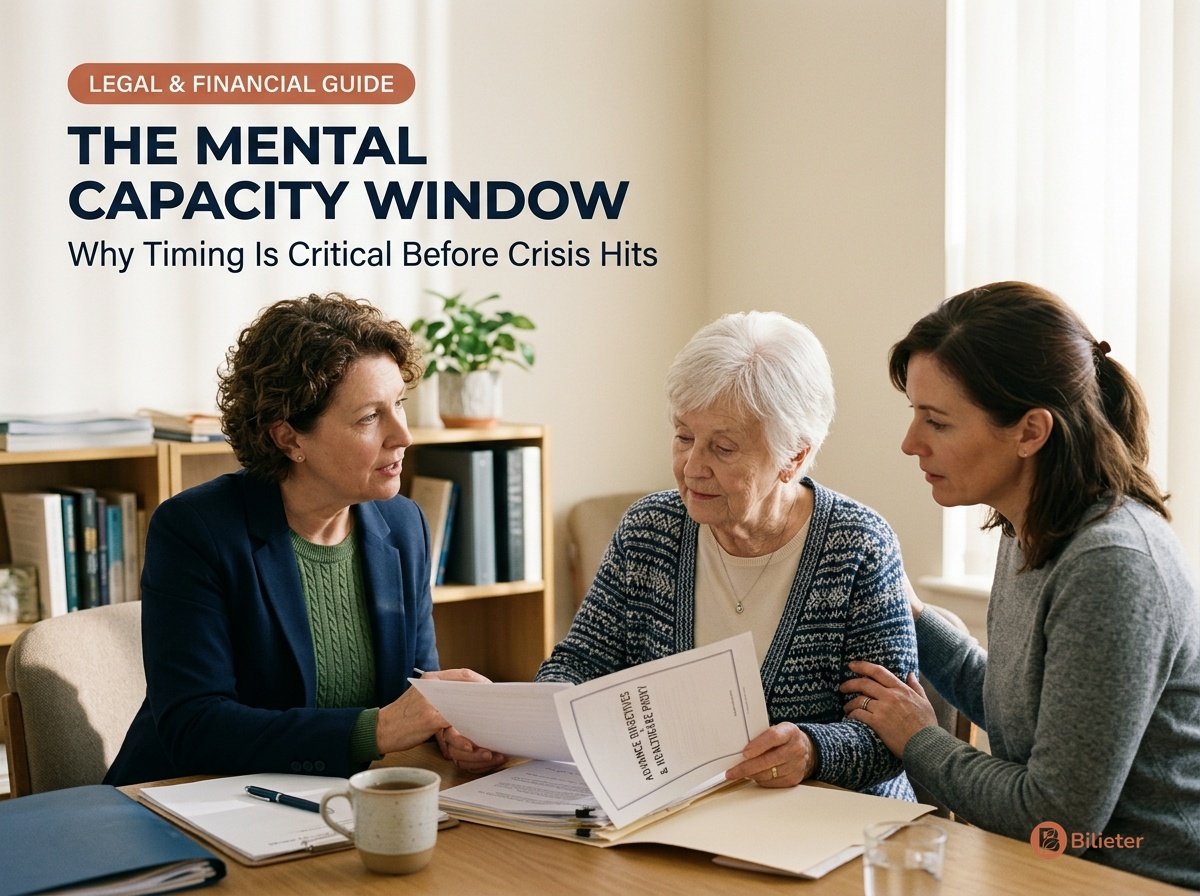 Mental capacity window showing elder law advisor discussing healthcare directives with mother and daughter.