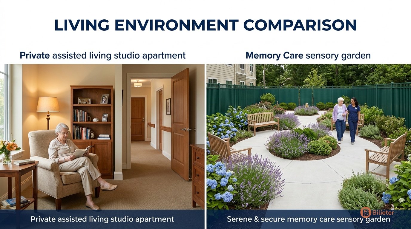 Split photographic comparison of a private assisted living studio apartment and a serene secure memory care sensory walking garden.